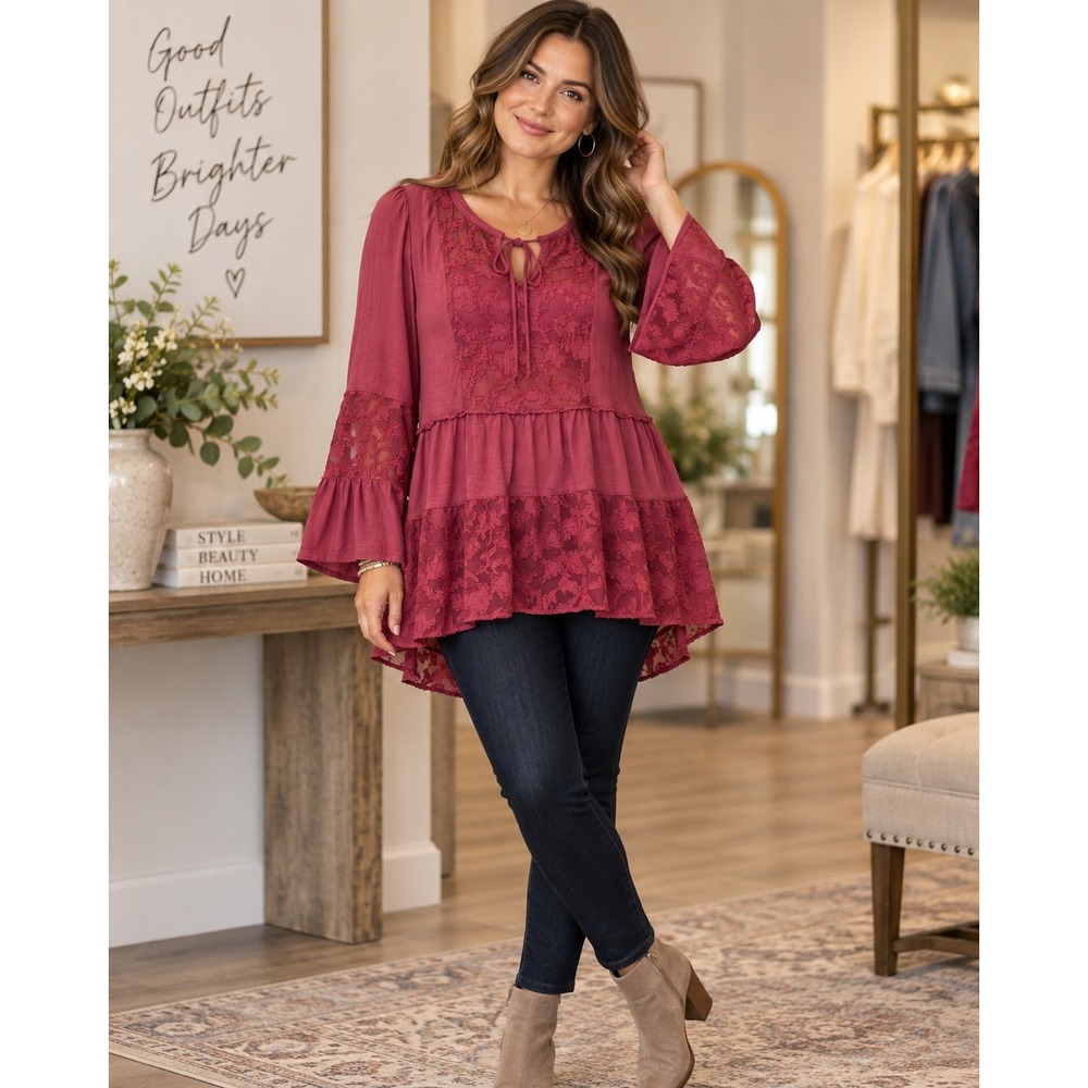 Womens XL Burgundy Lace Tiered Babydoll Top Bell Sleeve Whimsigoth Boho Romance
